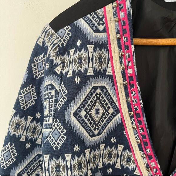 Oober Swank Navy Pink Patterned Open-Front Blazer Jacket - Picture 6 of 8